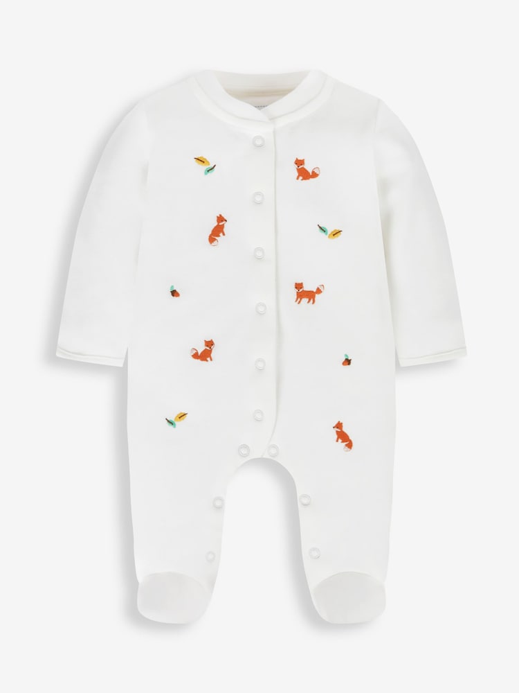 JoJo Maman Bébé White Fox Embroidered Cotton Baby Sleepsuit - Image 3 of 4