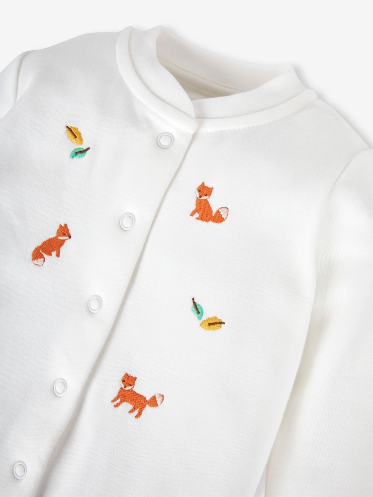 JoJo Maman Bébé White Fox Embroidered Cotton Baby Sleepsuit - Image 4 of 4
