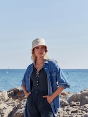 Navy Blue Linen Blend Boy Shorts - Image 1 of 5