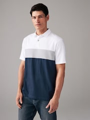 Grey/White 100% Cotton Short Sleeve Button Up Block Polo Shirt - Image 1 of 8