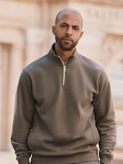 Brown Zip Neck Jersey Cotton Rich Sweatshirt - Image 1 of 8