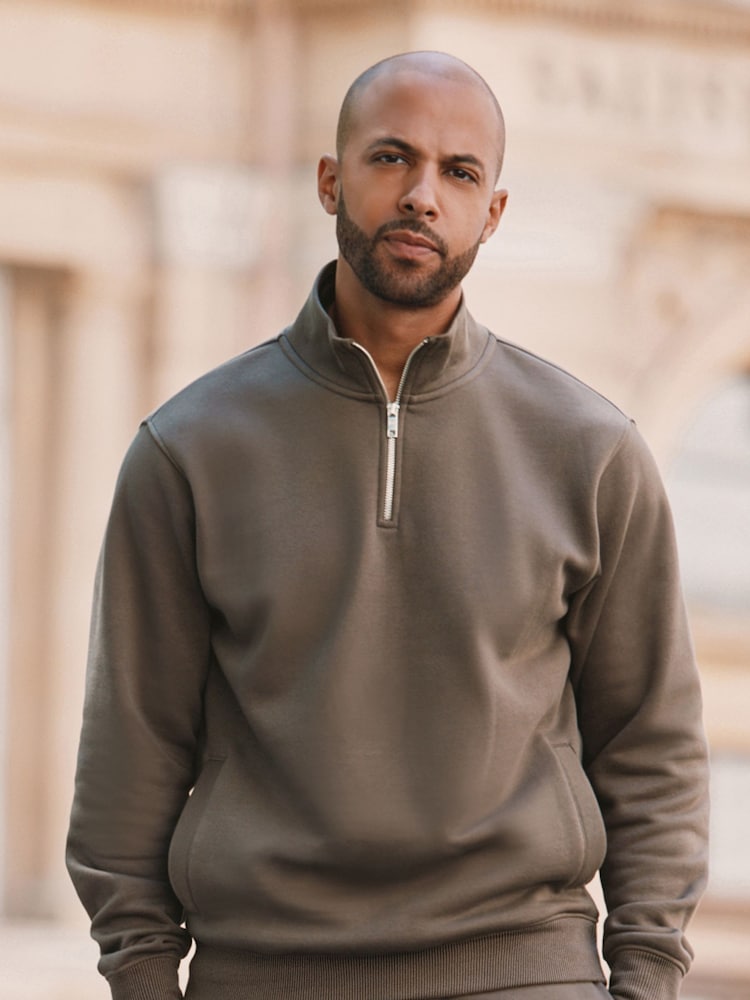 Brown Zip Neck Jersey Cotton Rich Sweatshirt - Image 1 of 8
