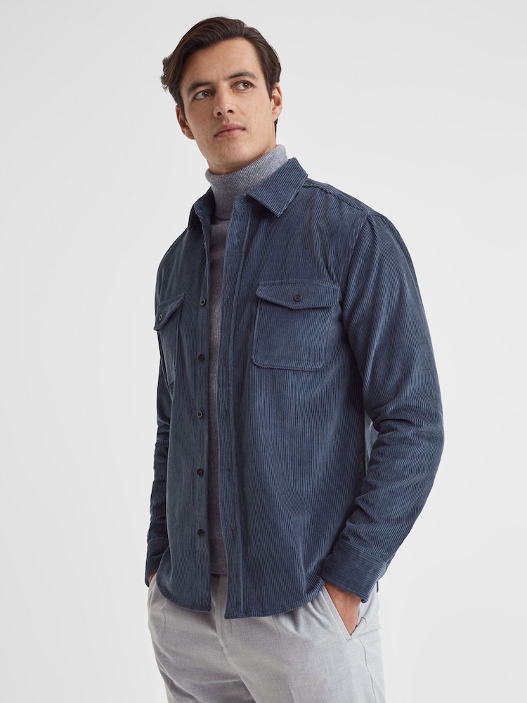 Reiss Dark Airforce Bonucci Corduroy Twin Pocket Overshirt - Image 1 of 5