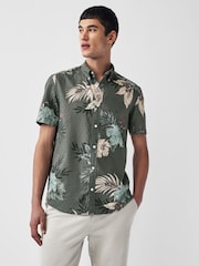 Charcoal Grey 100% Cotton Printed Floral Short Sleeve Shirt - Image 1 of 7