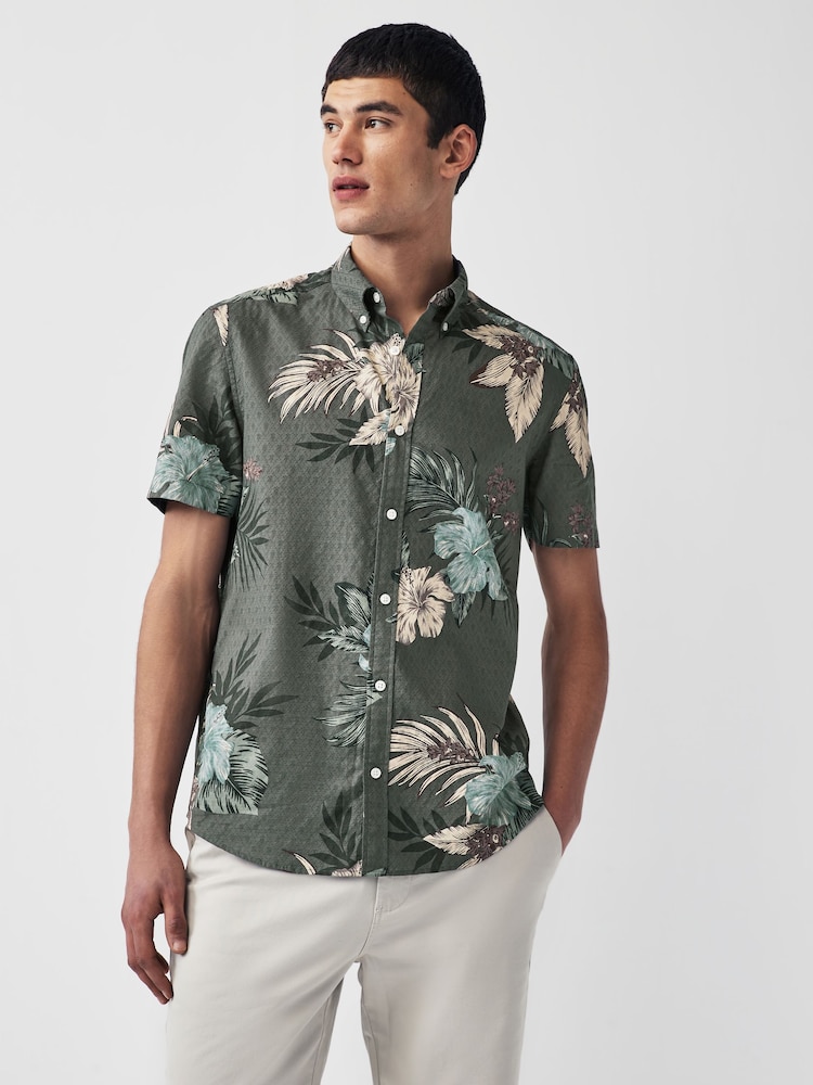 Charcoal Grey 100% Cotton Printed Floral Short Sleeve Shirt - Image 1 of 7