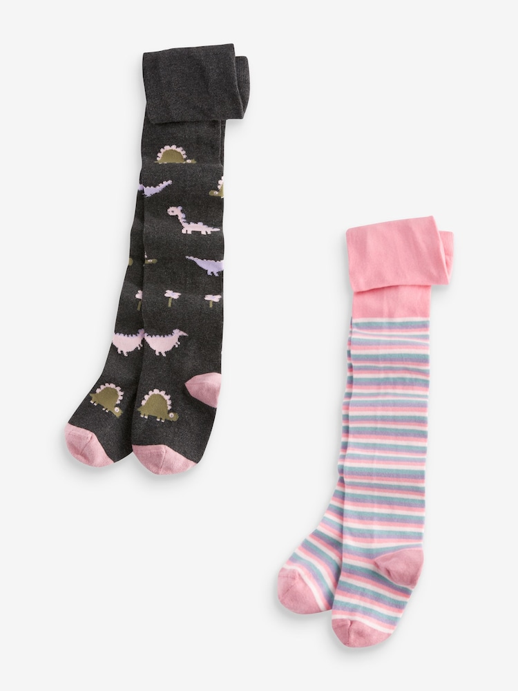 Grey And Pink - Strumpfhose mit hohem Baumwollanteil, Streifen und Dinosauriern im 2er-Pack - Bild 1 von 3 Grey And Pink - Strumpfhose mit hohem Baumwollanteil, Streifen und Dinosauriern im 2er-Pack - Bild 1 von 3