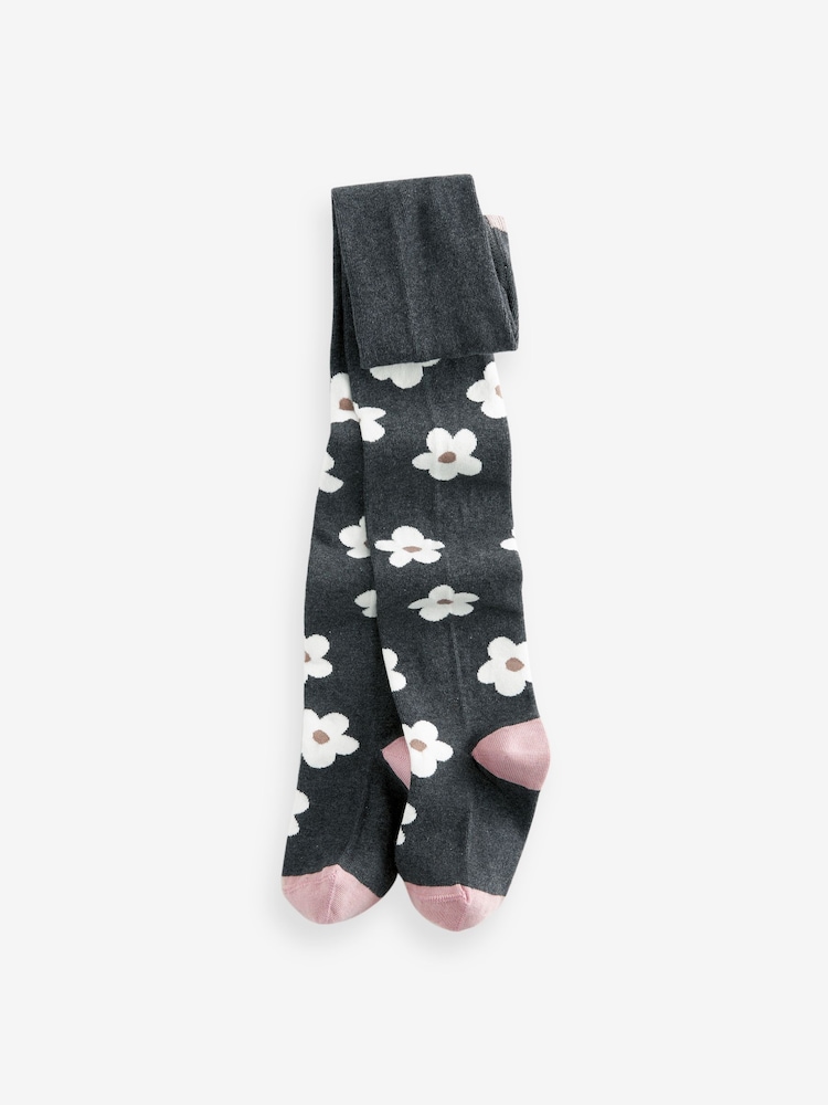 Grey and Pink Cotton Rich Flower Tights - Image 1 of 1