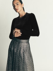 Boden Black Lace Trim Velvet Top - Image 1 of 5