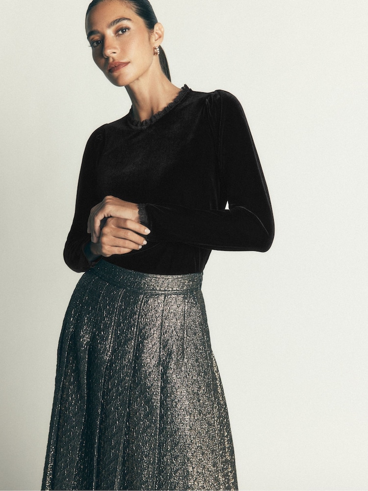 Boden Black Lace Trim Velvet Top - Image 1 of 5 Boden Black Lace Trim Velvet Top - Image 1 of 5