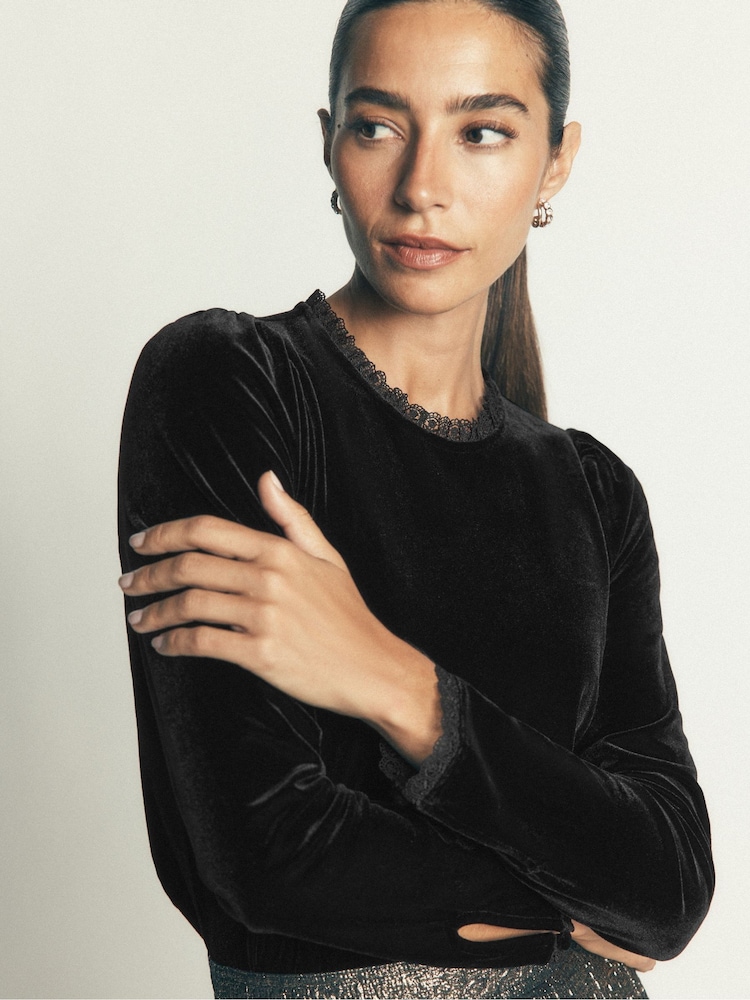 Boden Black Lace Trim Velvet Top - Image 2 of 5 Boden Black Lace Trim Velvet Top - Image 2 of 5