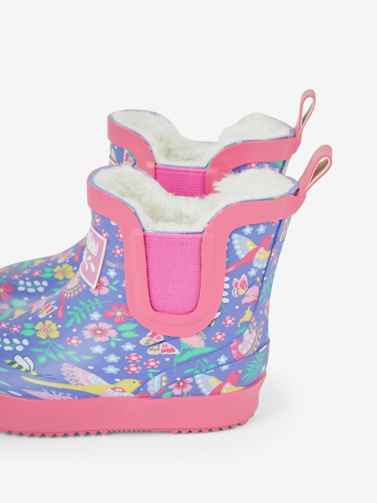 JoJo Maman Bébé Purple Cosy Lined Bird Floral Ankle Wellies - Image 3 of 3