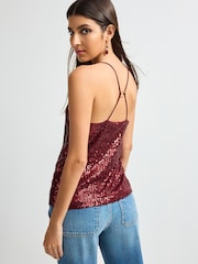 Berry Red V-Neck Sequin Cami Top - Image 3 of 6