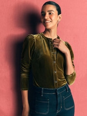 Boden Green Puff Sleeve Velvet Cardigan - Image 1 of 5