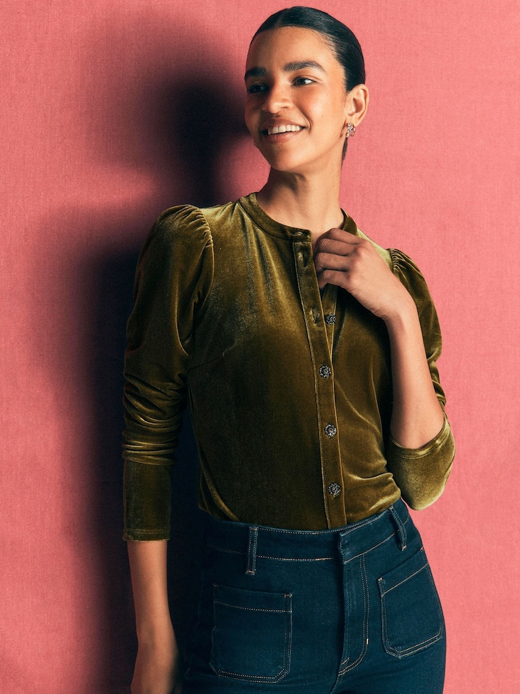 Boden Green Puff Sleeve Velvet Cardigan - Image 1 of 5