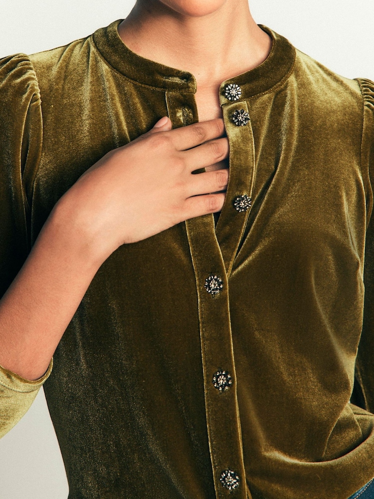 Boden Green Puff Sleeve Velvet Cardigan - Image 2 of 5