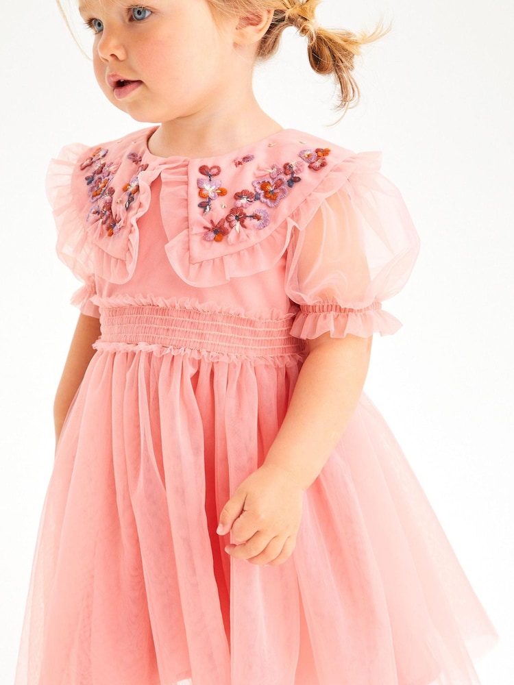 Rose Pink Embellished Mesh Collar Dress (3mths-8yrs) - Image 1 of 7
