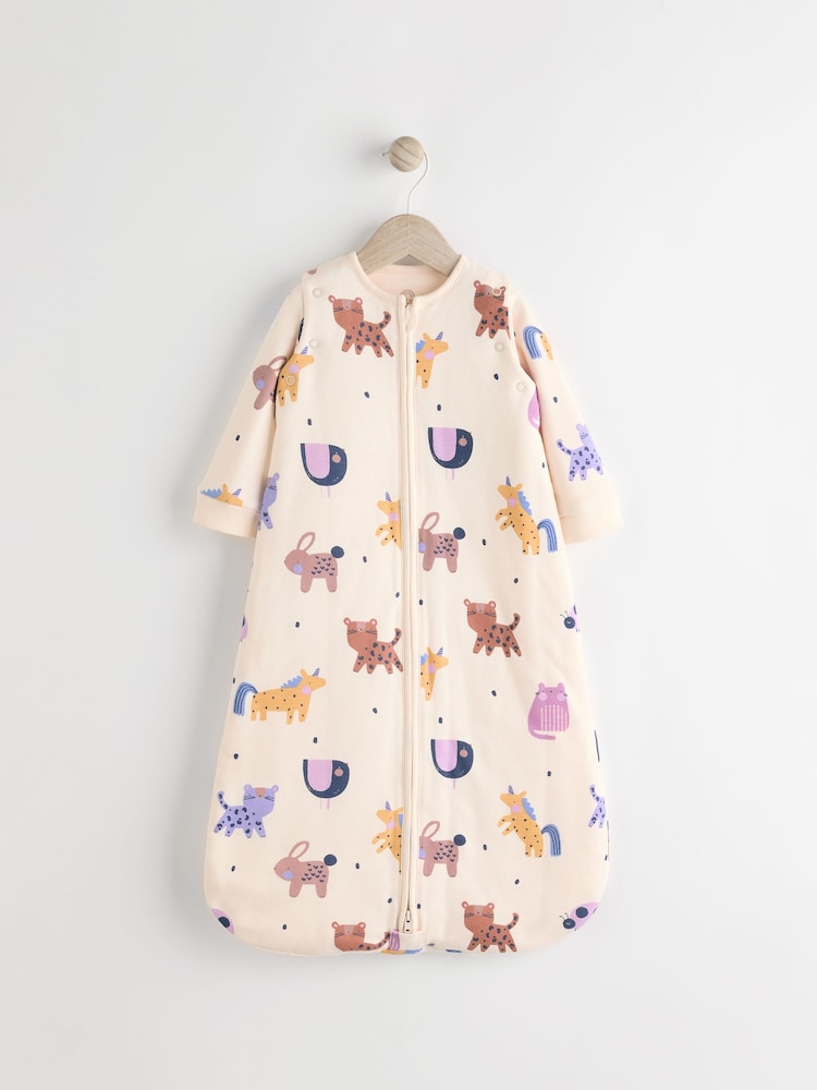 Cream Animal Print Baby 2.5 Tog Detachable Sleeve 100% Cotton Sleep Bag - Image 1 of 10