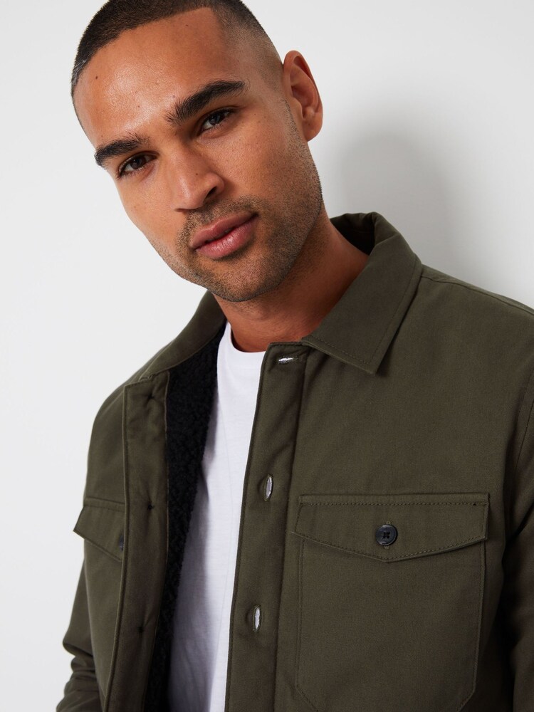 Threadbare Khaki Borg Lined Cotton Overshirt Coat Jacket - Image 4 of 4
