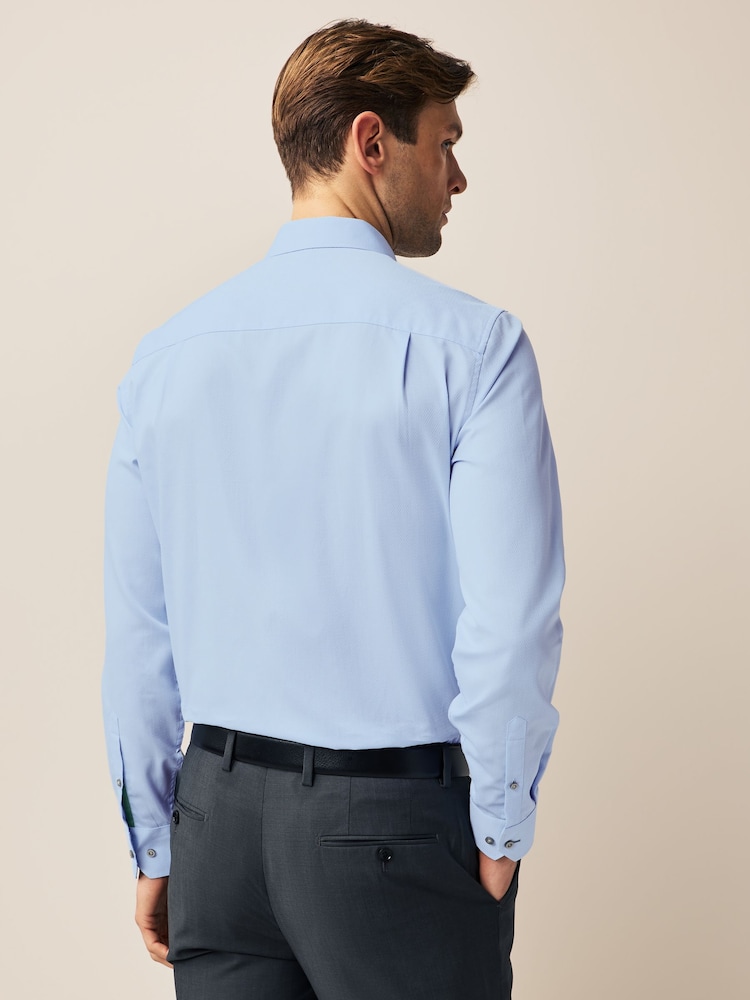 Blue Regular Fit Trimmed 100% Cotton Texture Long Sleeve Single Cuff Shirt - Image 2 of 7
