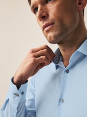 Blue Regular Fit Trimmed 100% Cotton Texture Long Sleeve Single Cuff Shirt - Image 3 of 7