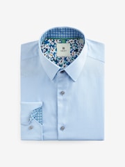 Blue Regular Fit Trimmed 100% Cotton Texture Long Sleeve Single Cuff Shirt - Image 5 of 7