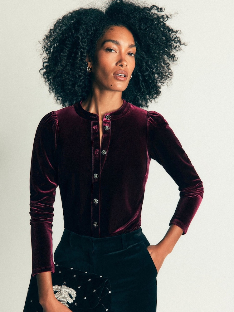 Boden Brown Puff Sleeve Velvet Cardigan - Image 1 of 5