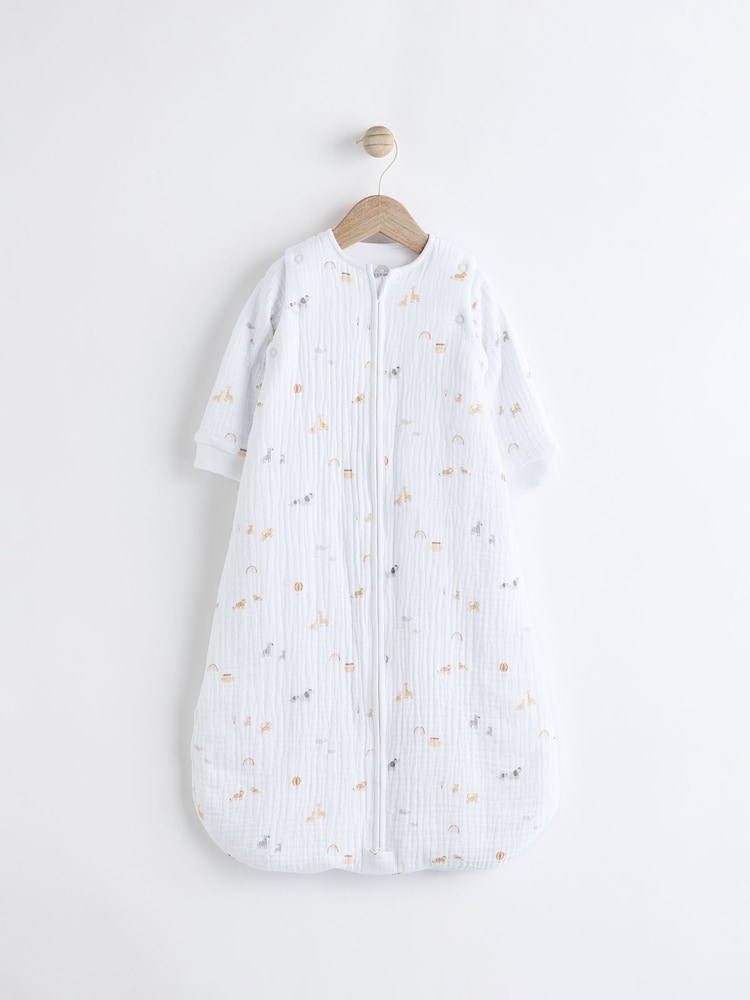 White Animal Print Muslin 2.5 Tog Detachable Sleeve Baby 100% Cotton Sleep Bag - Image 1 of 8