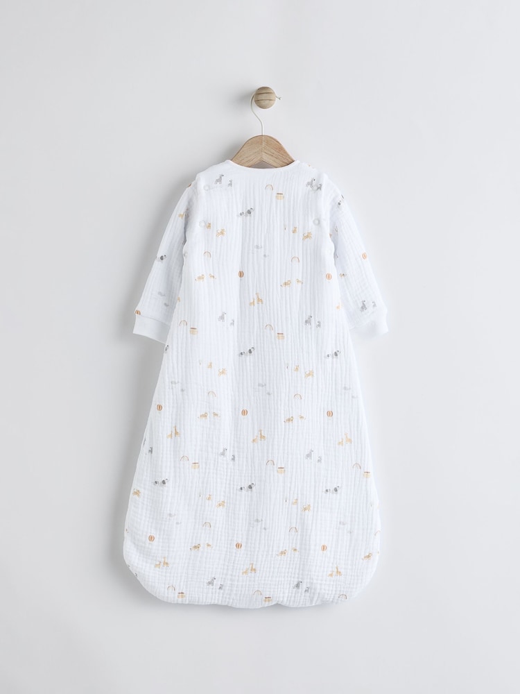 White Animal Print Muslin 2.5 Tog Detachable Sleeve Baby 100% Cotton Sleep Bag - Image 7 of 8