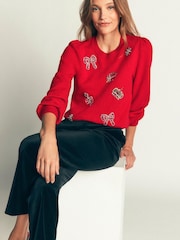 Boden Red Ria Embellished Knit Jumper - Image 4 of 6