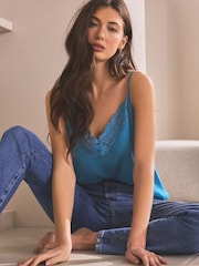 Teal Blue Broderie Lace Trim Cami Top - Image 2 of 6