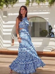 Blue/White Premium Broderie Cut-Out Detail Dress - Image 1 of 6