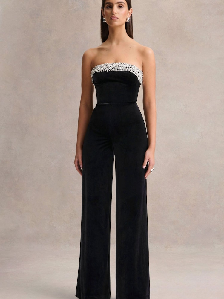 Club L London Black Emelie Velvet Hand Embellished Bandeau Jumpsuit - Image 1 of 5 Club L London Black Emelie Velvet Hand Embellished Bandeau Jumpsuit - Image 1 of 5