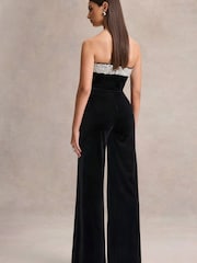 Club L London Black Emelie Velvet Hand Embellished Bandeau Jumpsuit - Image 2 of 5