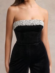 Club L London Black Emelie Velvet Hand Embellished Bandeau Jumpsuit - Image 3 of 5