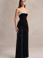 Club L London Black Emelie Velvet Hand Embellished Bandeau Jumpsuit - Image 4 of 5