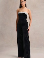 Club L London Black Emelie Velvet Hand Embellished Bandeau Jumpsuit - Image 5 of 5