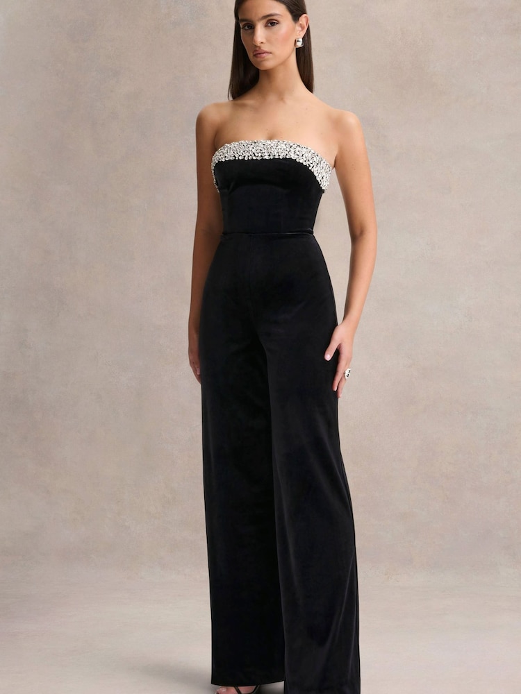 Club L London Black Emelie Velvet Hand Embellished Bandeau Jumpsuit - Image 5 of 5 Club L London Black Emelie Velvet Hand Embellished Bandeau Jumpsuit - Image 5 of 5