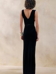 Club L London Black Jovita Velvet Cowl Neck Maxi Dress With Gathered Detailing - Image 2 of 4