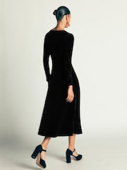 Boden Black Mya Ruched Velvet Midi Dress - Image 3 of 5