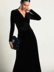 Boden Black Mya Ruched Velvet Midi Dress - Image 4 of 5