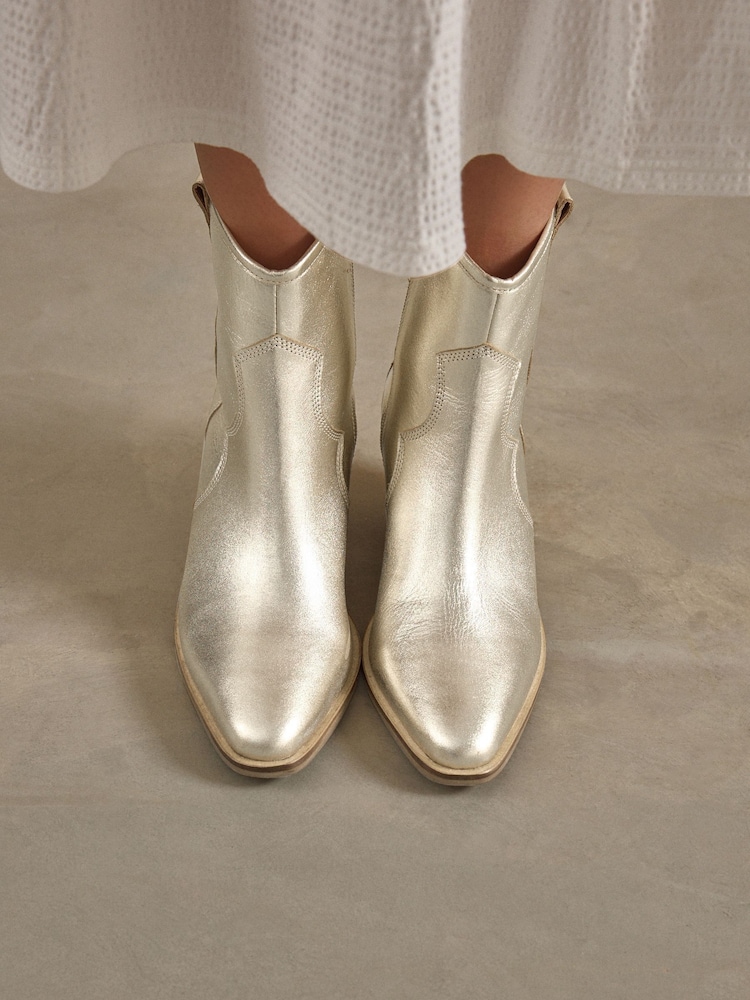 Champagne Gold Boho Standard/Wide Fit Forever Comfort® Leather Ankle Cowboy Boots - Image 2 of 10