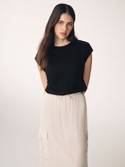 Black Crew Neck Linen Look Sub Jersey Cap Sleeve 100% Cotton T-Shirt - Image 1 of 6