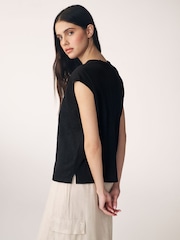 Black Crew Neck Linen Look Sub Jersey Cap Sleeve 100% Cotton T-Shirt - Image 3 of 6