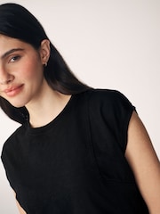 Black Crew Neck Linen Look Sub Jersey Cap Sleeve 100% Cotton T-Shirt - Image 4 of 6