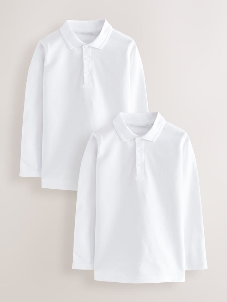 White 100% Cotton Long Sleeve School Polo Shirts 2 Pack (3-16yrs) - Image 1 of 4