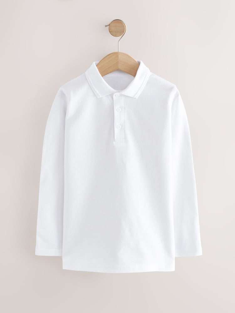 White 100% Cotton Long Sleeve School Polo Shirts 2 Pack (3-16yrs) - Image 2 of 4