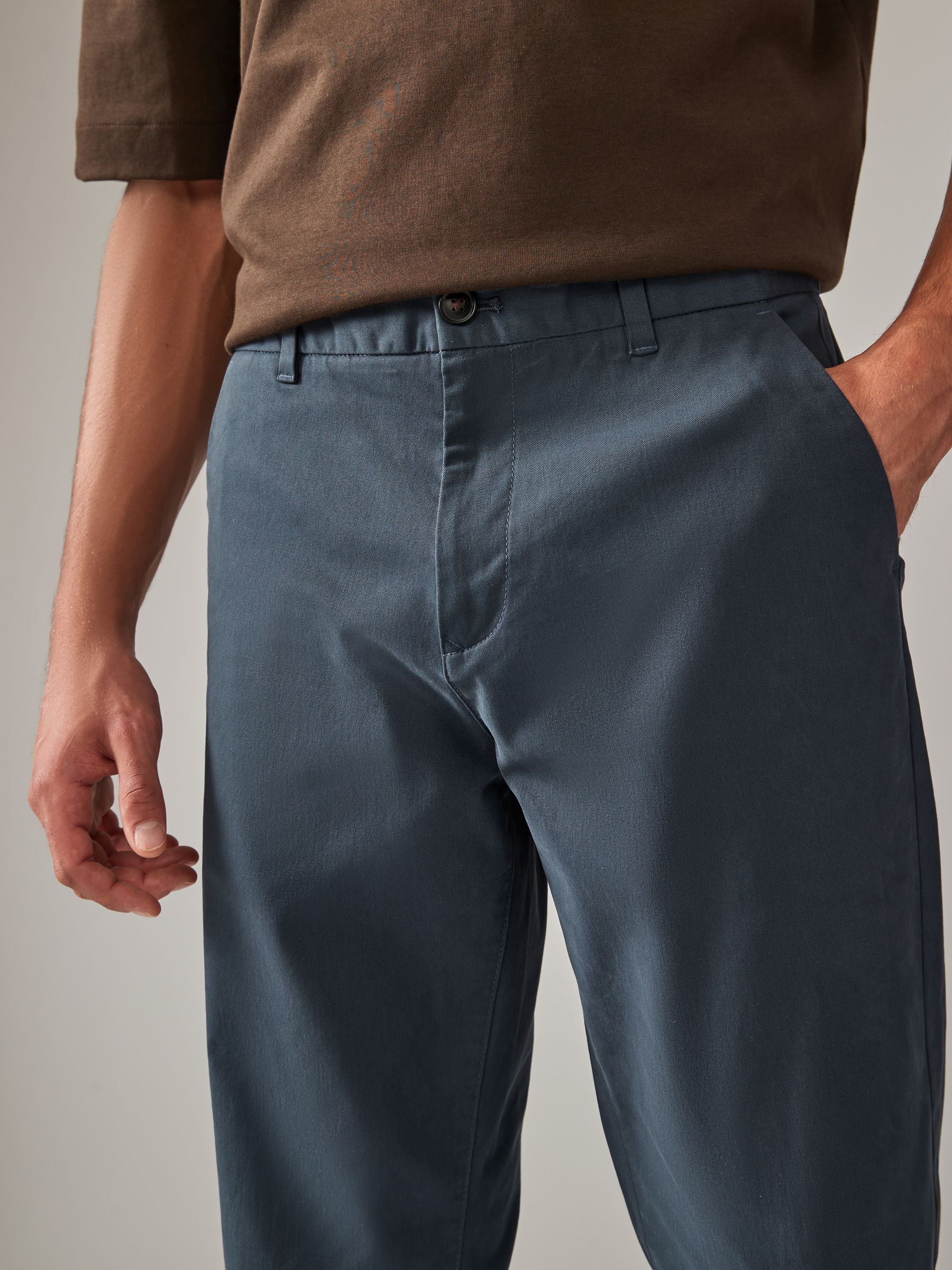 Buy Blue Grey Mid Straight Fit Stretch Chinos Trousers from