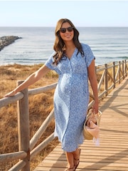 JoJo Maman Bébé Blue Animal Print Button Through V-Neck Maternity Midi Dress - Image 1 of 8