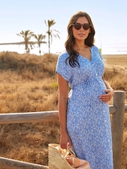 JoJo Maman Bébé Blue Animal Print Button Through V-Neck Maternity Midi Dress - Image 2 of 8