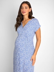 JoJo Maman Bébé Blue Animal Print Button Through V-Neck Maternity Midi Dress - Image 5 of 8